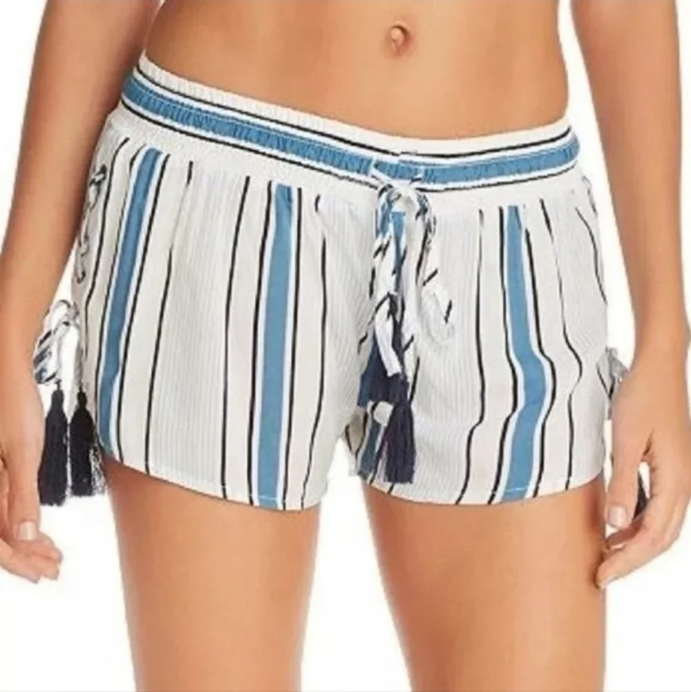 NWT Surf Gypsy Printed Side Lace Up Swim Cover Up Shorts Stripe Beach Blue Sz L
